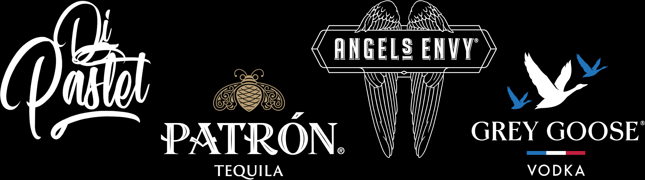 Logos for Dj Pastel, Patrón, Grey Goose, and Angels Envy